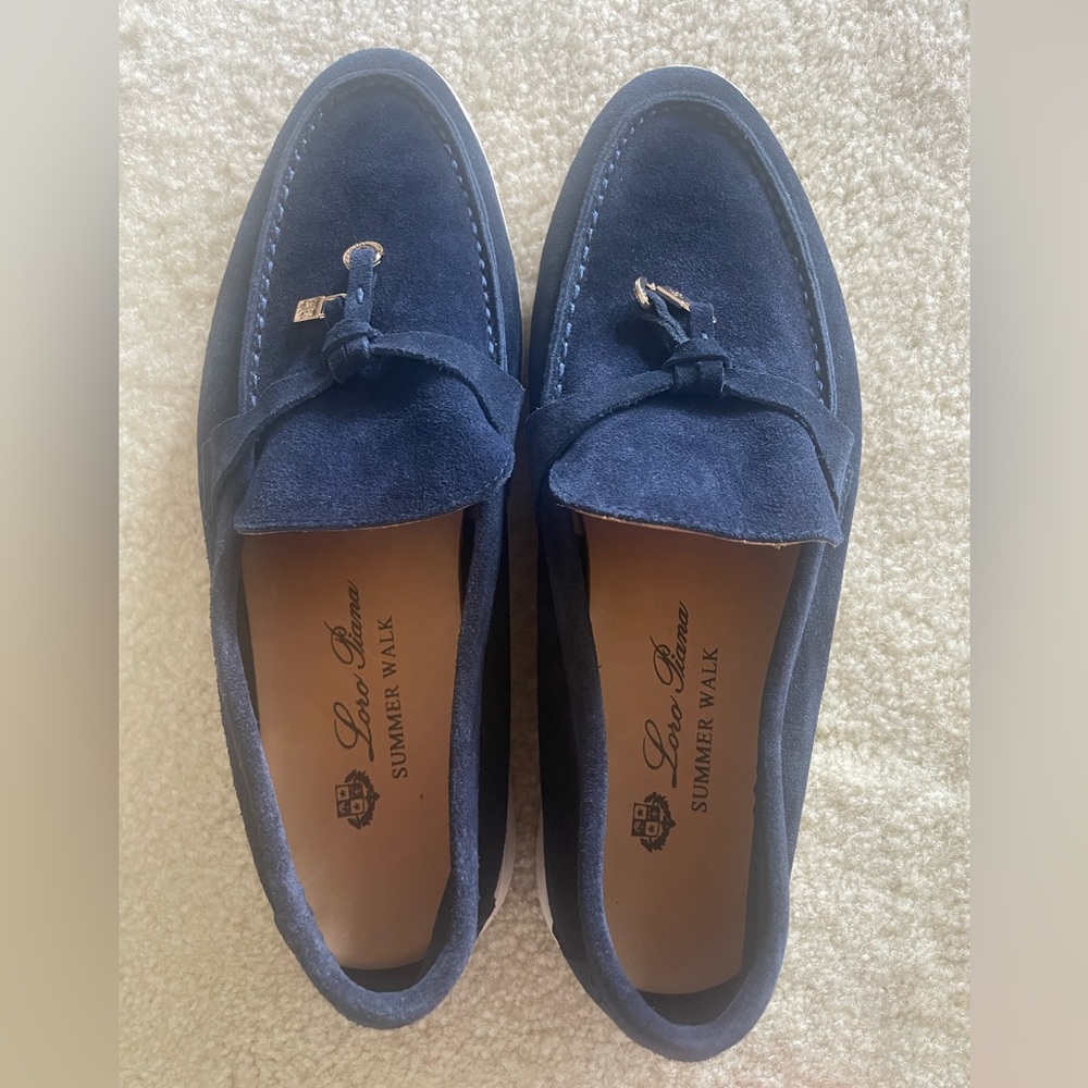 Loro Piana Navy Blue Suede Summer Charms Walk Slip On Loafers